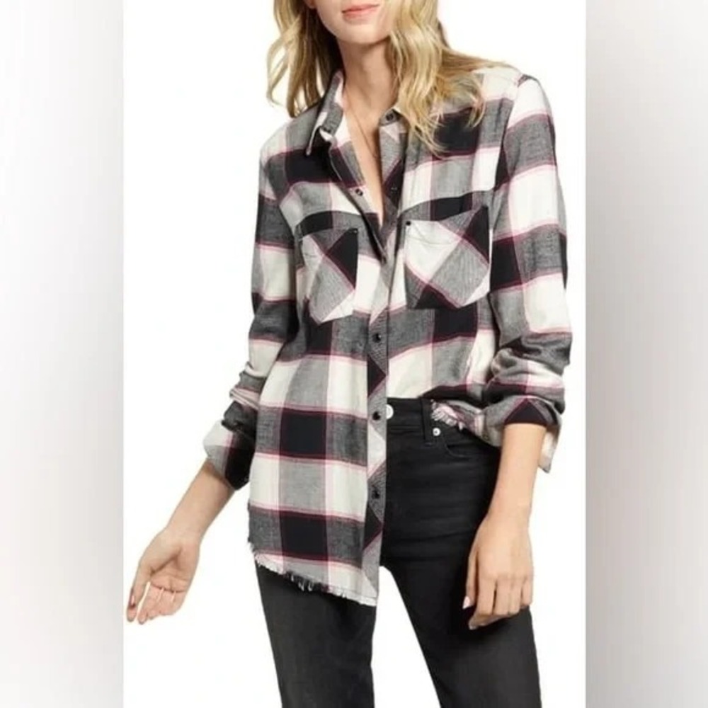 RAILS Leo White Midnight Magenta Frayed Hem Snap‎ Button Flannel Shirt Sz M